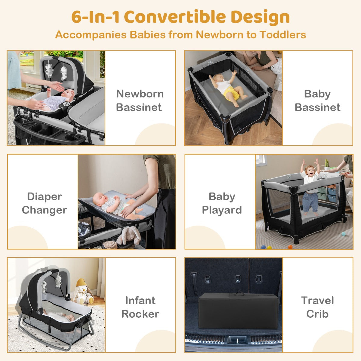 LIVSK 6-in-1 Babyreisbed - Wieg, Wipstoel, Commode, Box - Afneembaar en Opvouwbaar - Veiligheidsgordels - Tot 15 kg - Grijs