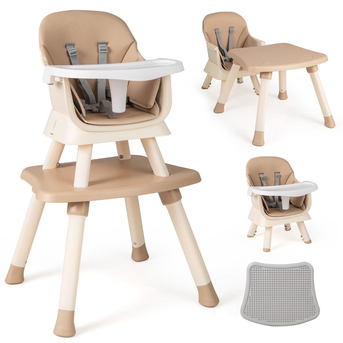 LIVSK 6-in-1 Kinderstoel - Multifunctioneel met Afneembaar Tafelblad - 5-Punts Gordel - Voor 6-36 maanden - Koffie