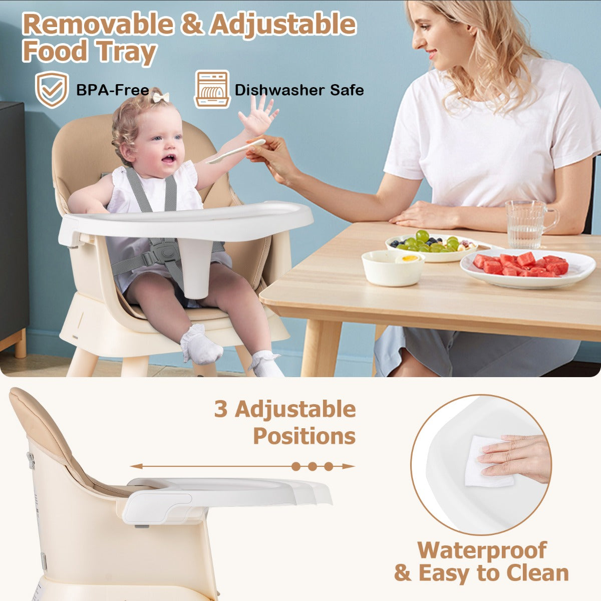 LIVSK 6-in-1 Kinderstoel - Multifunctioneel met Afneembaar Tafelblad - 5-Punts Gordel - Voor 6-36 maanden - Koffie