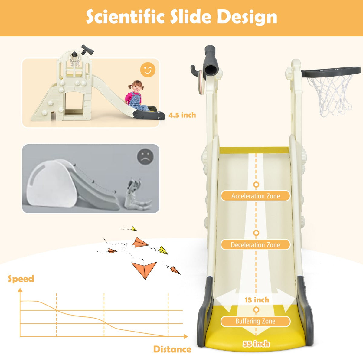 LIVSK 6-in-1 Glijbanenset voor Kinderen - Extra Lange Glijbaan met Klimrek, Tunnel en Basketbalring - Veilig HDPE - Geel