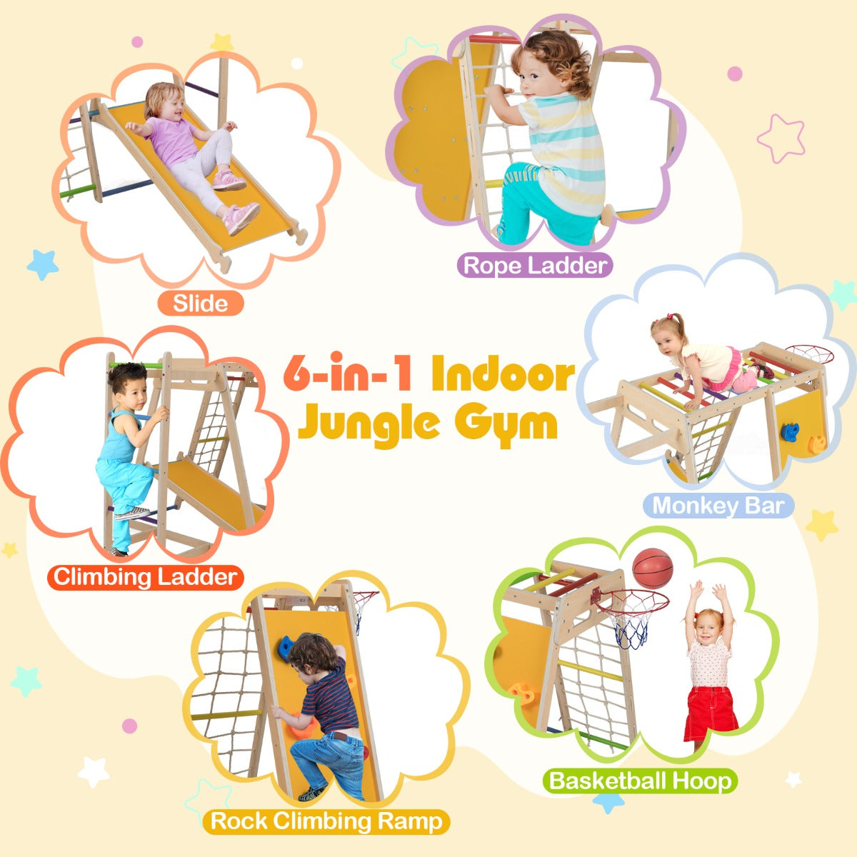 Livsk costway 6 in 1 indoor klimrek speeltuin met glijbaan klimwand basketbalring apenstang touwnet ladder 3