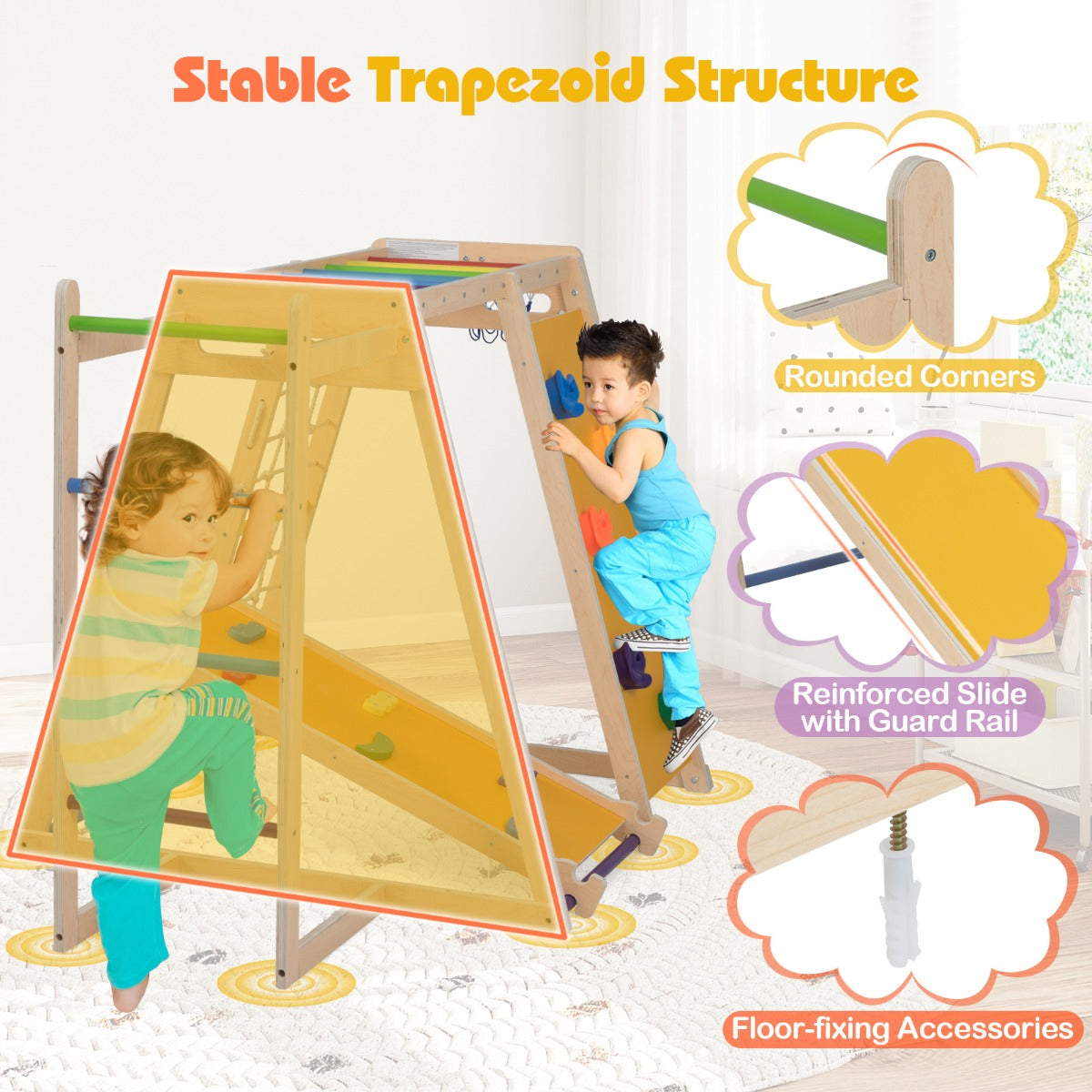 Livsk costway 6 in 1 indoor klimrek speeltuin met glijbaan klimwand basketbalring apenstang touwnet ladder 5