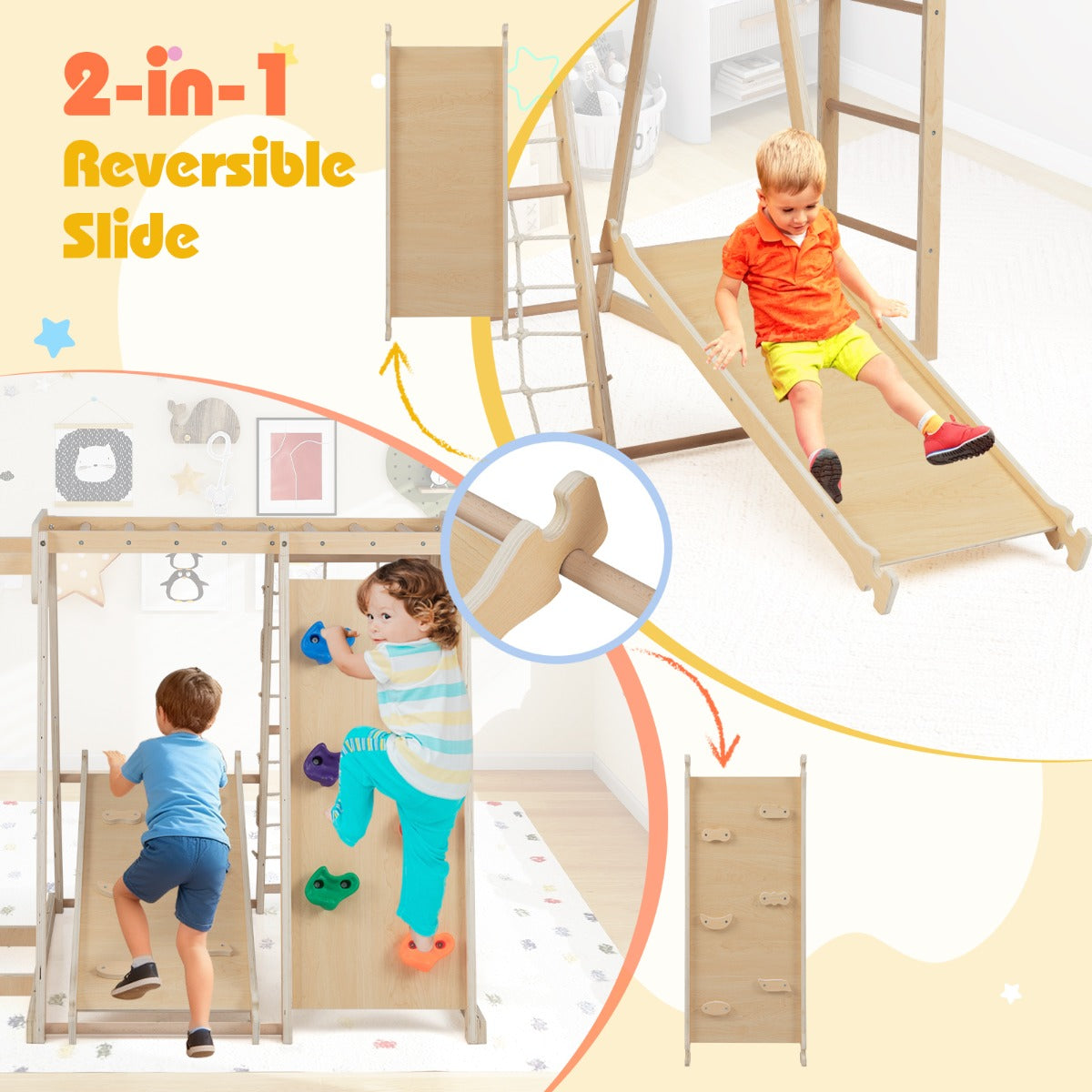 Livsk costway 6 in 1 indoor klimrek speeltuin met glijbaan klimwand basketbalring apenstang touwnet ladder naturel 4