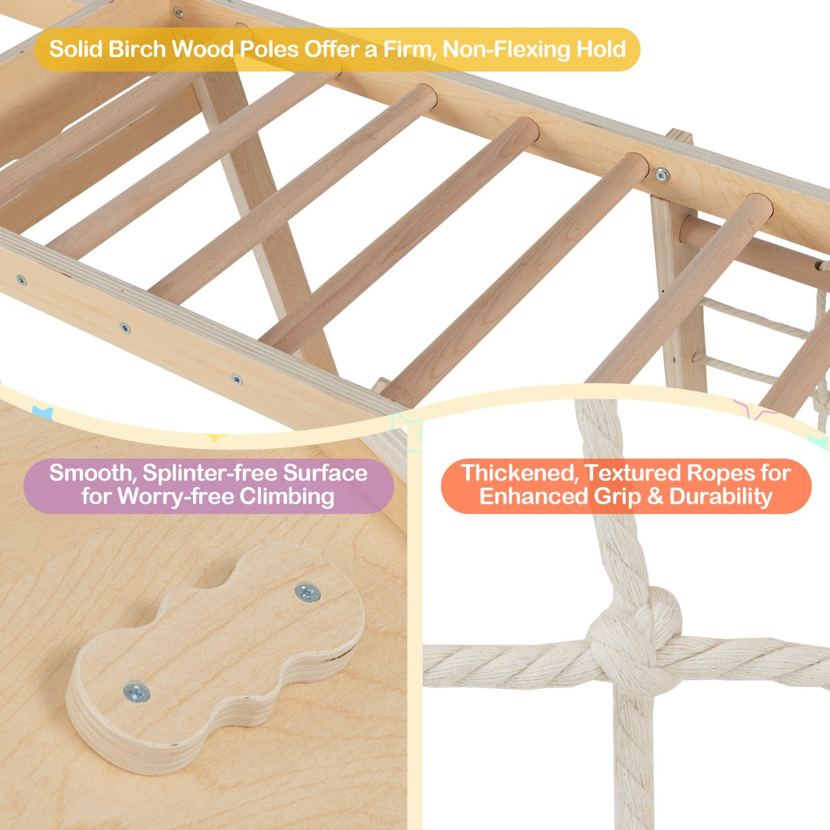 Livsk costway 6 in 1 indoor klimrek speeltuin met glijbaan klimwand basketbalring apenstang touwnet ladder naturel 6
