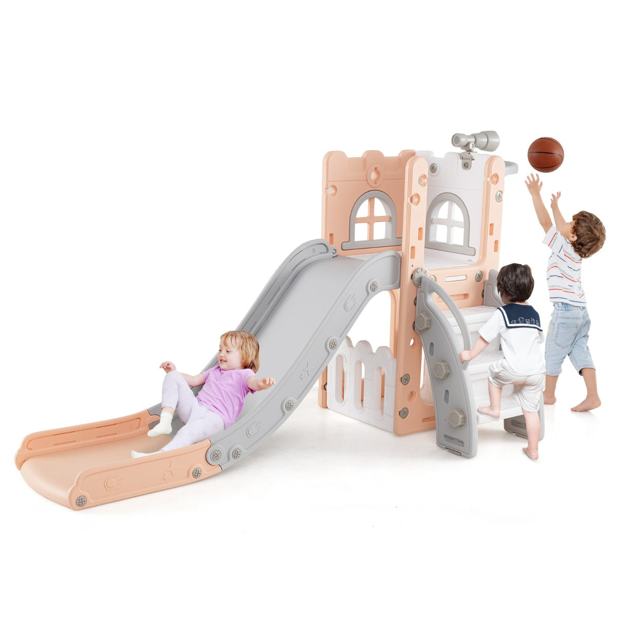 LIVSK 6-in-1 Peuterglijbaan met Basketbalring - Telescoop en Klimrek - Veilig Ontwerp - 69 x 145 x 85 cm - Roze en Wit