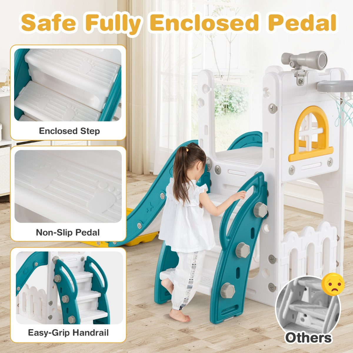 LIVSK 6-in-1 Peuterglijbaan Set - Inclusief Telescoop en Basketbalring - Veilig en Kindvriendelijk - 69 x 145 x 85 cm - Geel