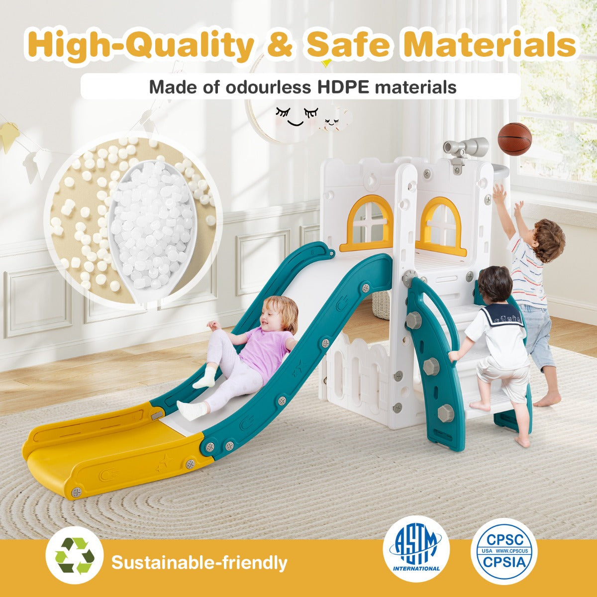 LIVSK 6-in-1 Peuterglijbaan Set - Inclusief Telescoop en Basketbalring - Veilig en Kindvriendelijk - 69 x 145 x 85 cm - Geel