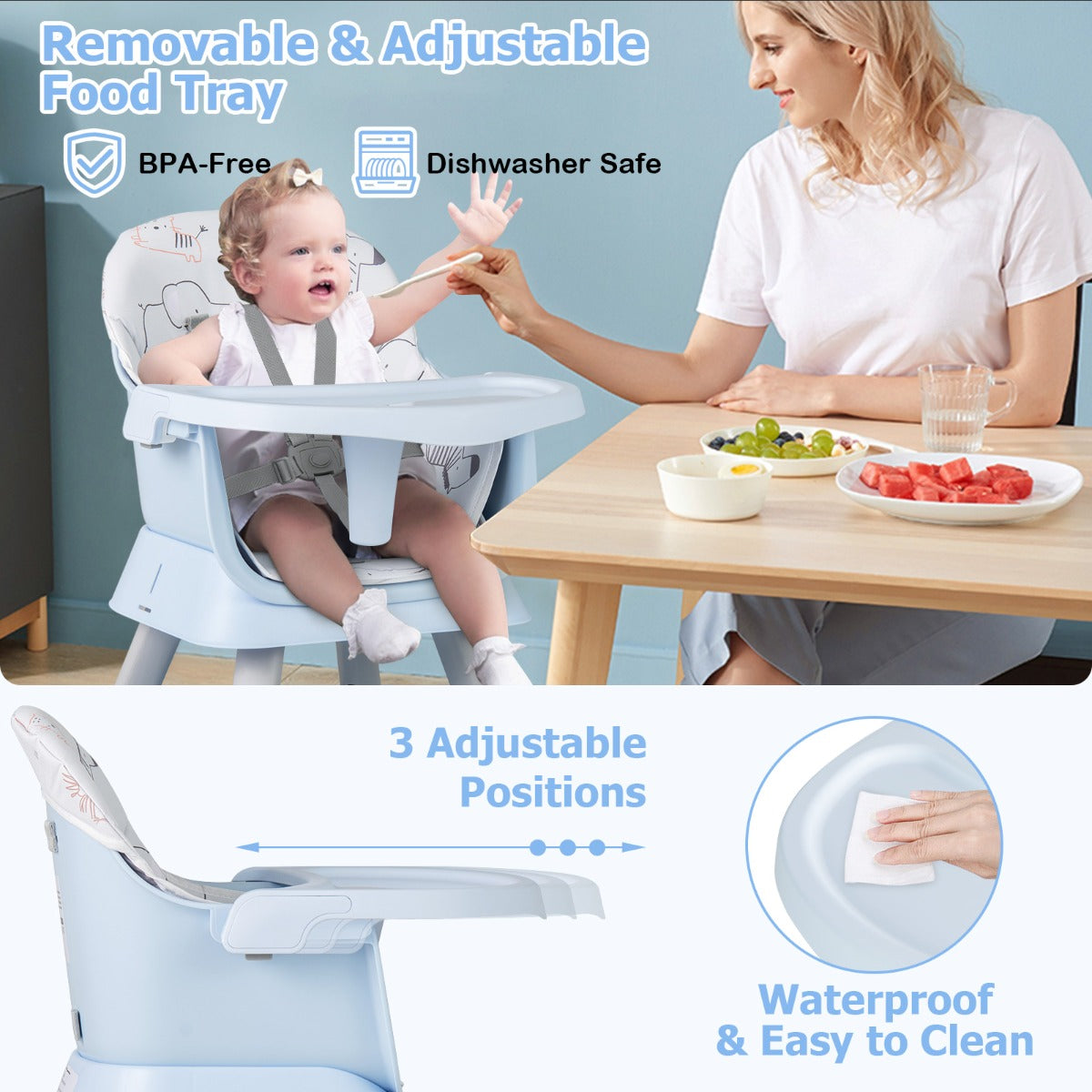 LIVSK 6-in-1 Kinderstoel - Hoge Stoel - Zitverhoger - Kindertafel - Veiligheidsgordel - Voor 6-36 maanden - Blauw