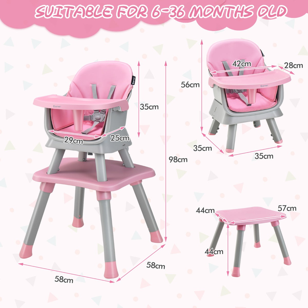 LIVSK 6-in-1 Converteerbare Kinderstoel - Veiligheidsgordel - Afneembaar Dienblad - Duurzaam PP - Tot 25 kg - Roze