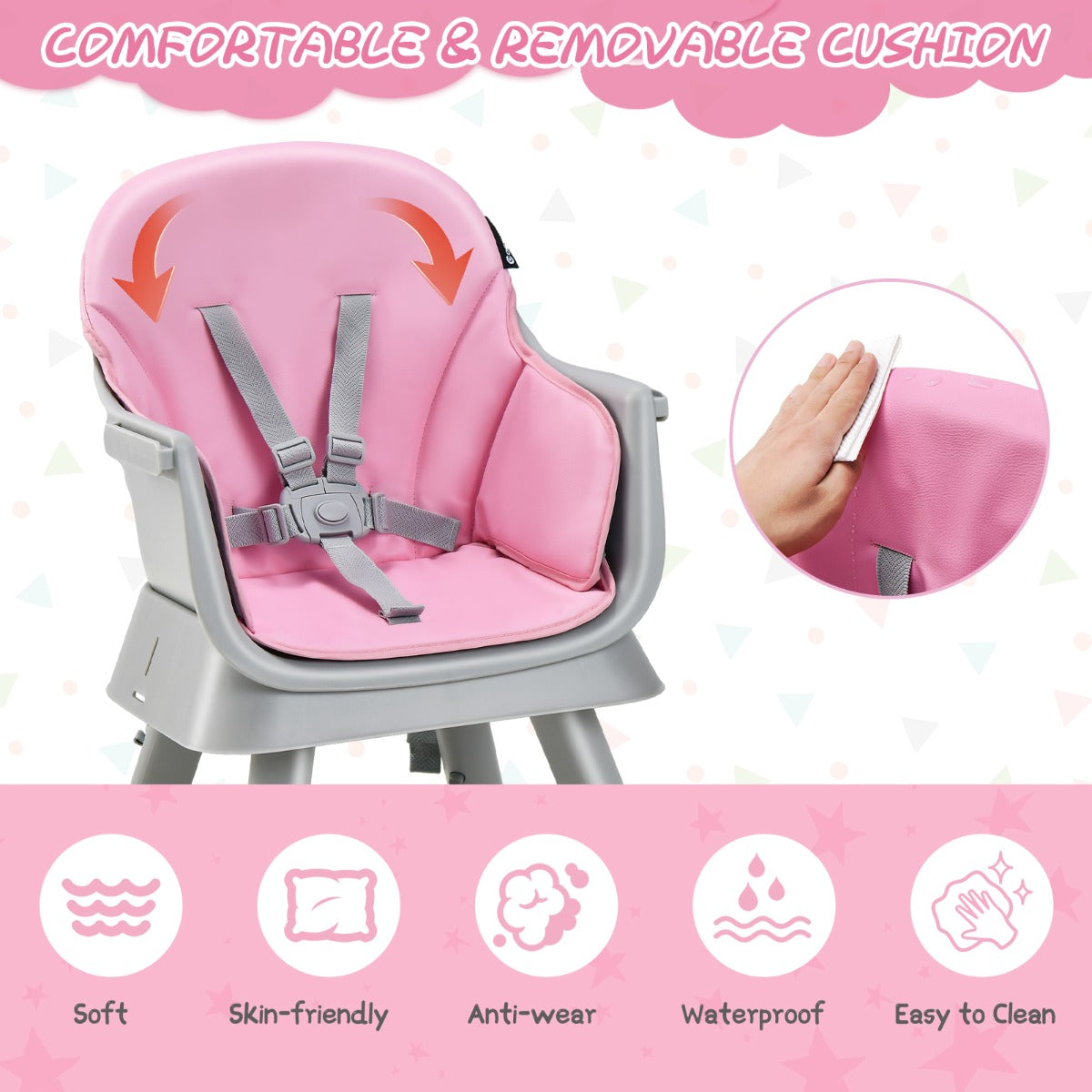 LIVSK 6-in-1 Converteerbare Kinderstoel - Veiligheidsgordel - Afneembaar Dienblad - Duurzaam PP - Tot 25 kg - Roze