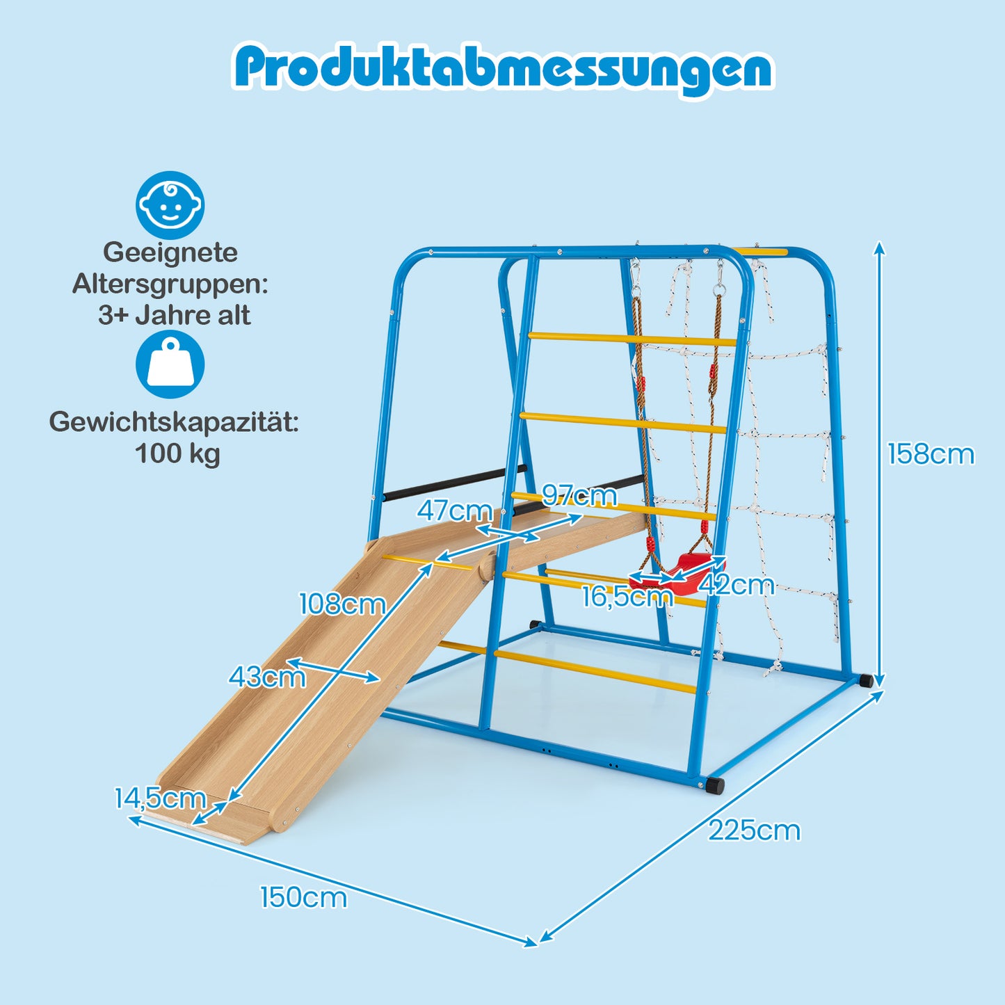 LIVSK 6-in-1 Indoor Jungle Gym - Robuust Metalen Frame - Verstelbare Schommel - Flexibele Glijbaan - Voor Kinderen 3+ - Multicolor
