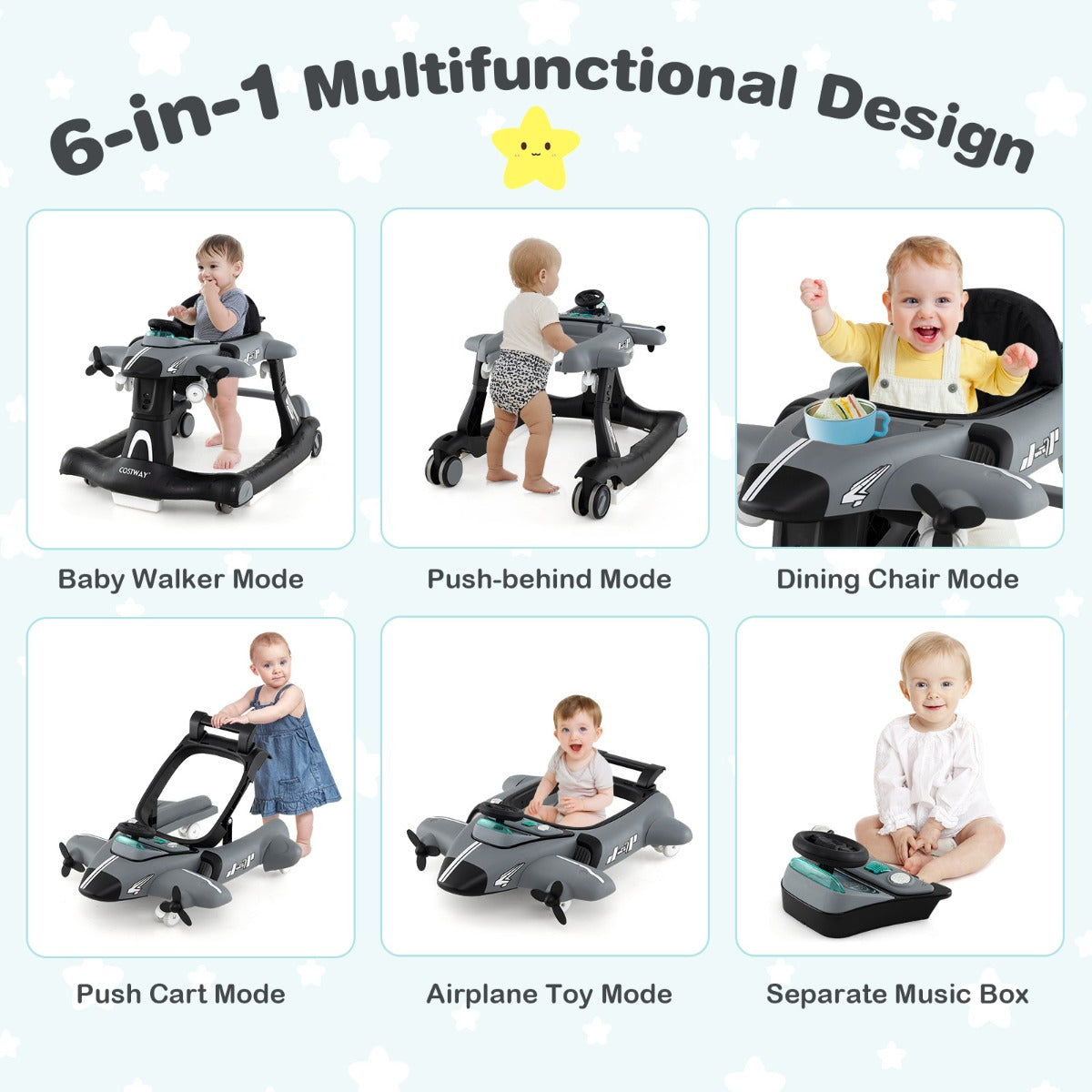 LIVSK Multifunctionele Loopwagen - 6-in-1 Design met Muziekdoosje - 3 Verstelbare Hoogtes - Voor 6-18 maanden - Grijs/Wit