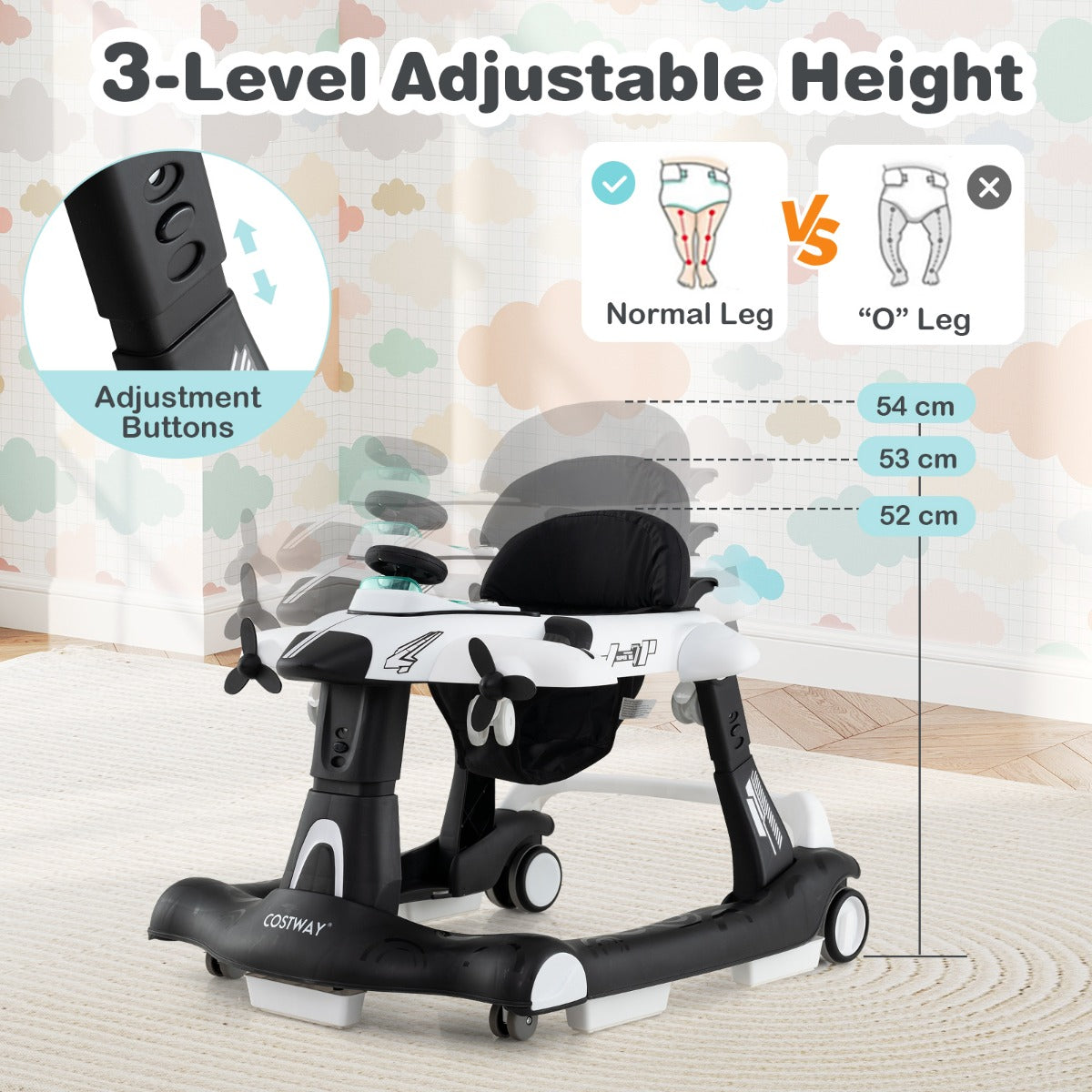 LIVSK 6-in-1 Loopwagen - 3 Verstelbare Hoogtes - Afneembaar Muziekdoosje - Inklapbaar - Voor Baby's tot 12 kg - Grijs/Wit