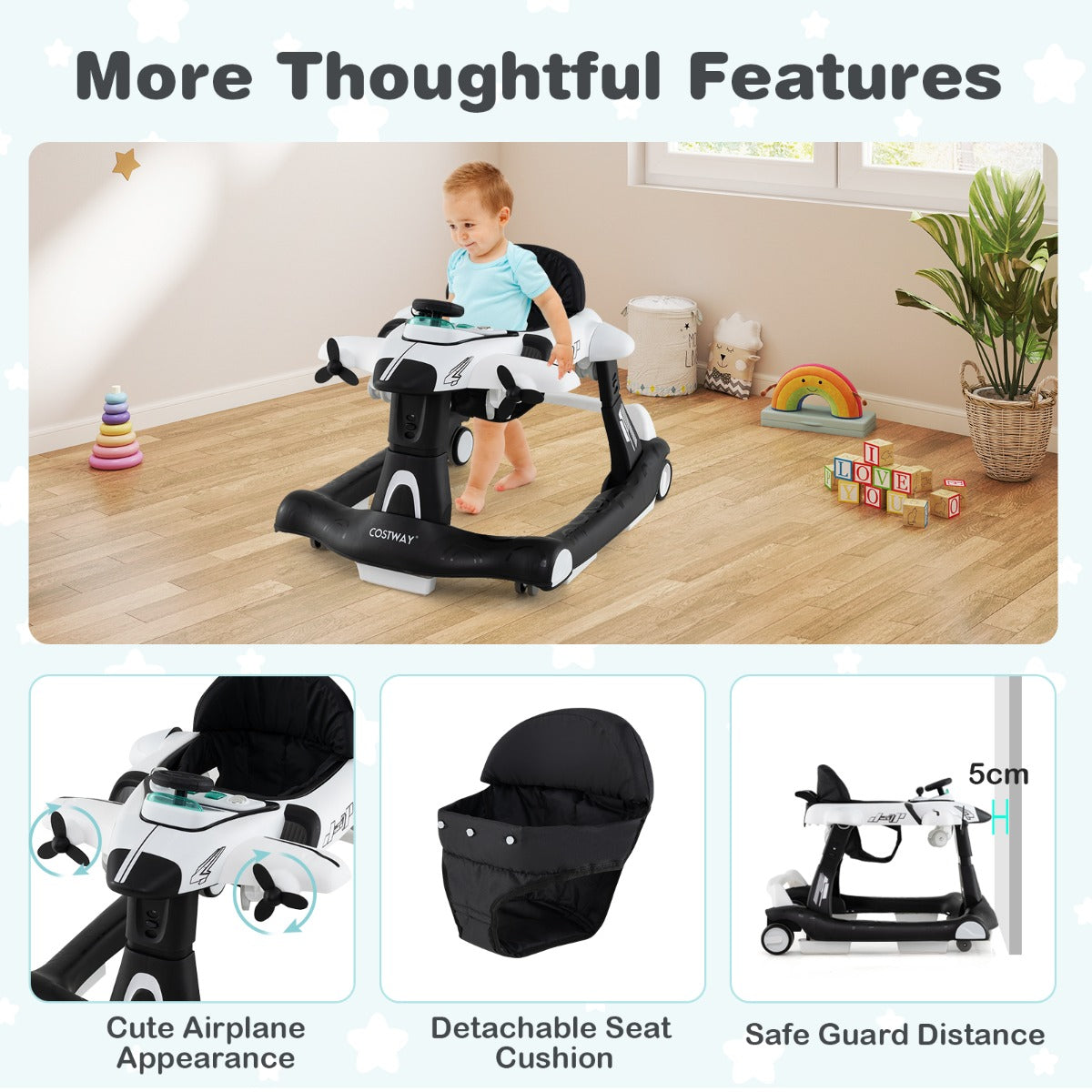 LIVSK 6-in-1 Loopwagen - 3 Verstelbare Hoogtes - Afneembaar Muziekdoosje - Inklapbaar - Voor Baby's tot 12 kg - Grijs/Wit