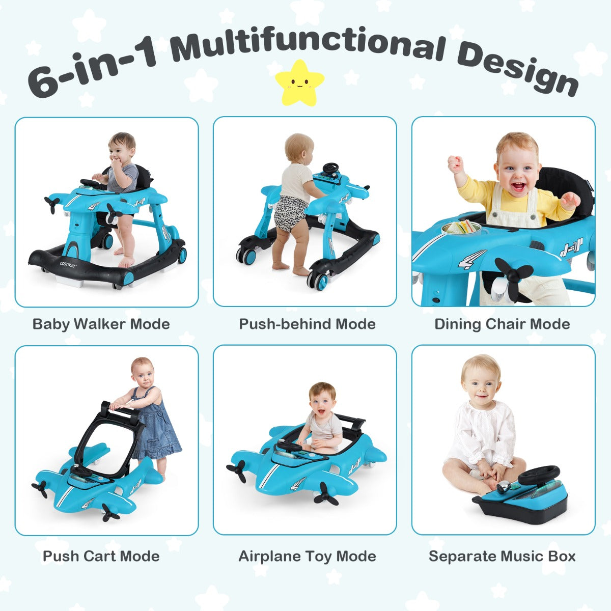 Livsk costway 6 in 1 opvouwbare babyloopstoel vliegtuigontwerp drie hoogte instellingen blauw 2