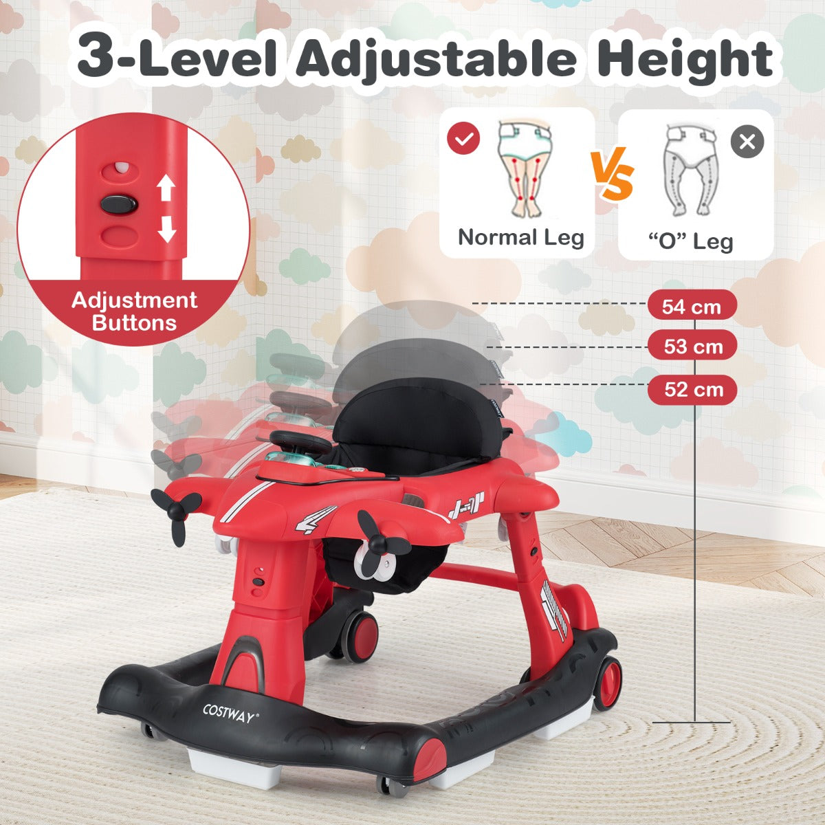 Livsk costway 6 in 1 opvouwbare babyloopstoel vliegtuigontwerp drie hoogte instellingen rood 3