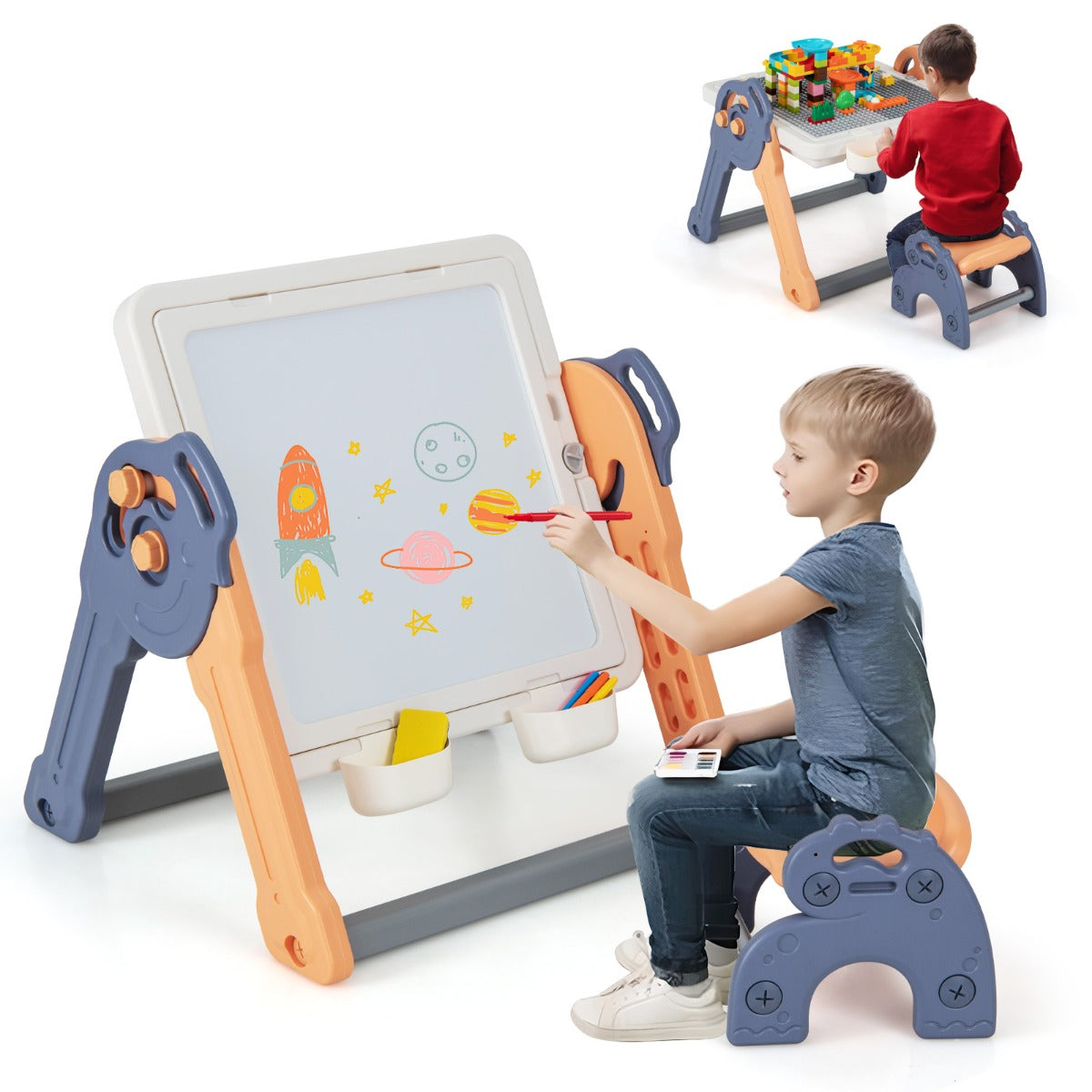 LIVSK 2-in-1 Kinderezel en Speeltafel - Omkeerbaar Whiteboard en Bouwtafel - Inclusief 105 Bouwstenen en Stiften - Blauw + Oranje