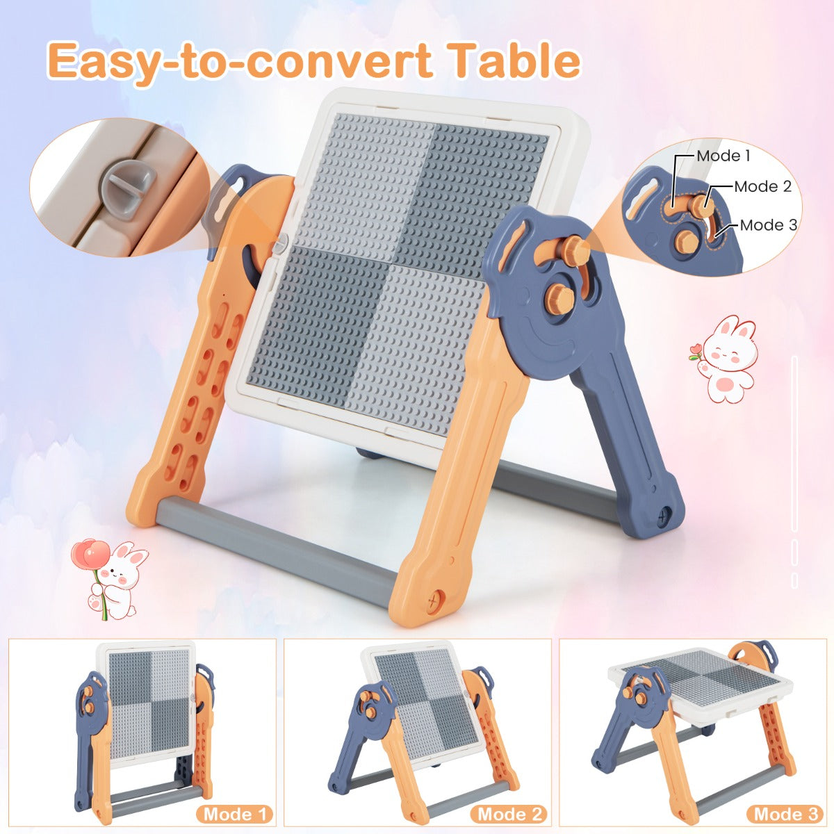 LIVSK 2-in-1 Kinderezel en Speeltafel - Omkeerbaar Whiteboard en Bouwtafel - Inclusief 105 Bouwstenen en Stiften - Blauw + Oranje