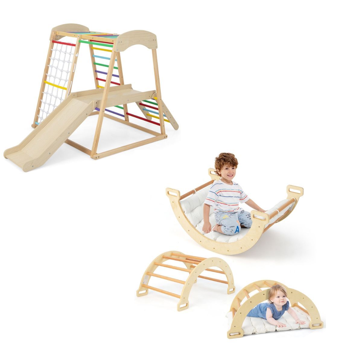 Livsk costway 6 in 1 speelpark voor kinderen vanaf 1 jaar gemaakt van hout met 2 in 1 boogschommel houten klimrek en dubbelzijdige klimboog