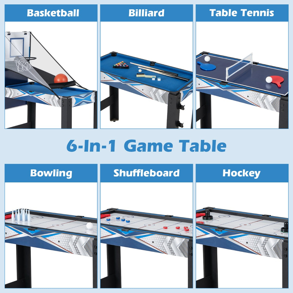 LIVSK 6-in-1 multigametafel - Biljart, tafeltennis, hockey, bowling, shuffleboard, basketbal - Ruimtebesparend - Multicolour