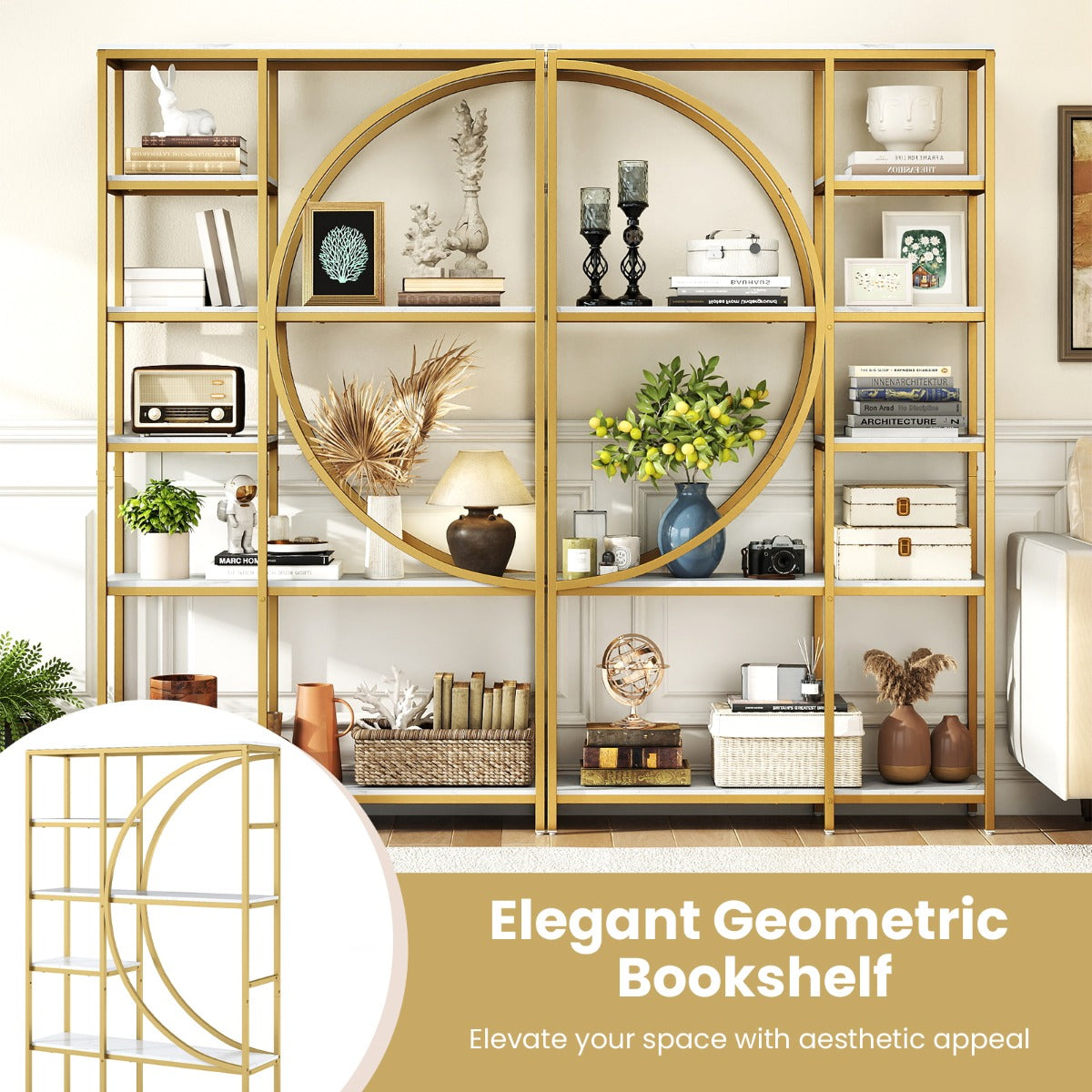 LIVSK Geometrische Boekenkast - 6 Laags Metalen Frame - Elegant Design - Veel Opbergruimte - 100 x 30 x 177 cm - Rustiek bruin &
