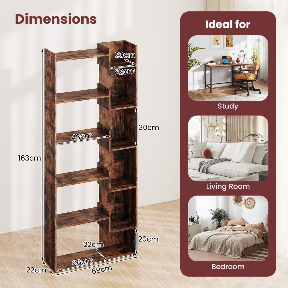LIVSK Boekenkast met 11 Planken - Kantelbeveiligingen - Robuuste Spaanplaat - 69 x 22 x 163 cm - Rustiek Bruin