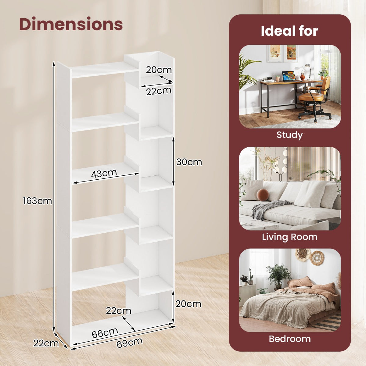 LIVSK Boekenplank 6-laags met Kantelbeveiligingen - Stevige Constructie - Elegant Design - 69 x 22 x 163 cm - Wit