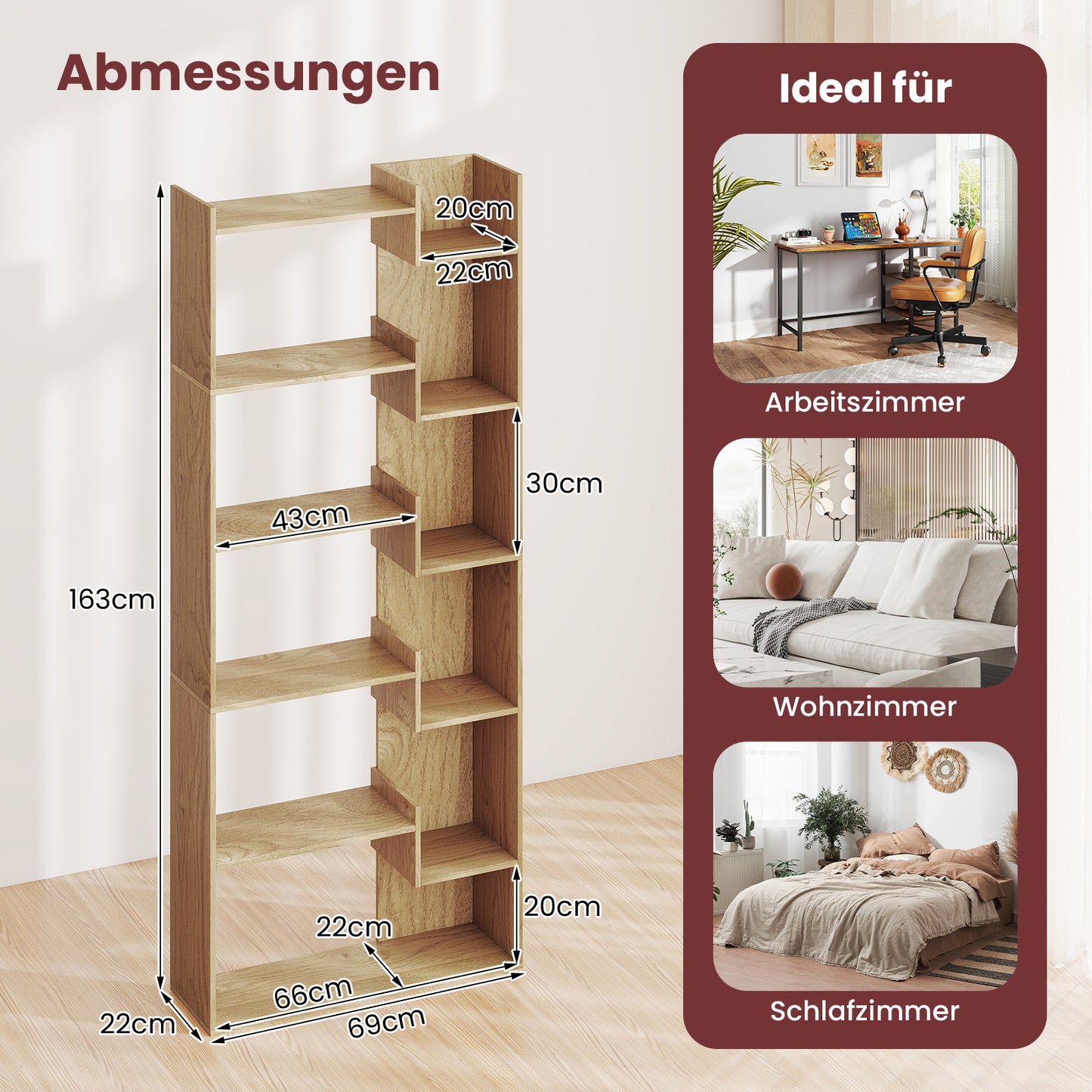 LIVSK Boekenkast met 11 Planken - Hoogte 163 cm - Duurzaam en Veilig - Inclusief Kantelbeveiligingen - Natuurlijk