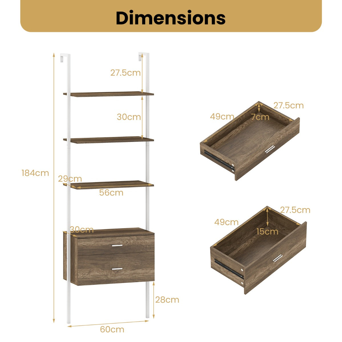 LIVSK Wandgemonteerd Ladderplank met Lades - 4 Open Planken - Dubbele Kantelbeveiliging - Robuust Metalen Frame - 60 x 30 x 184