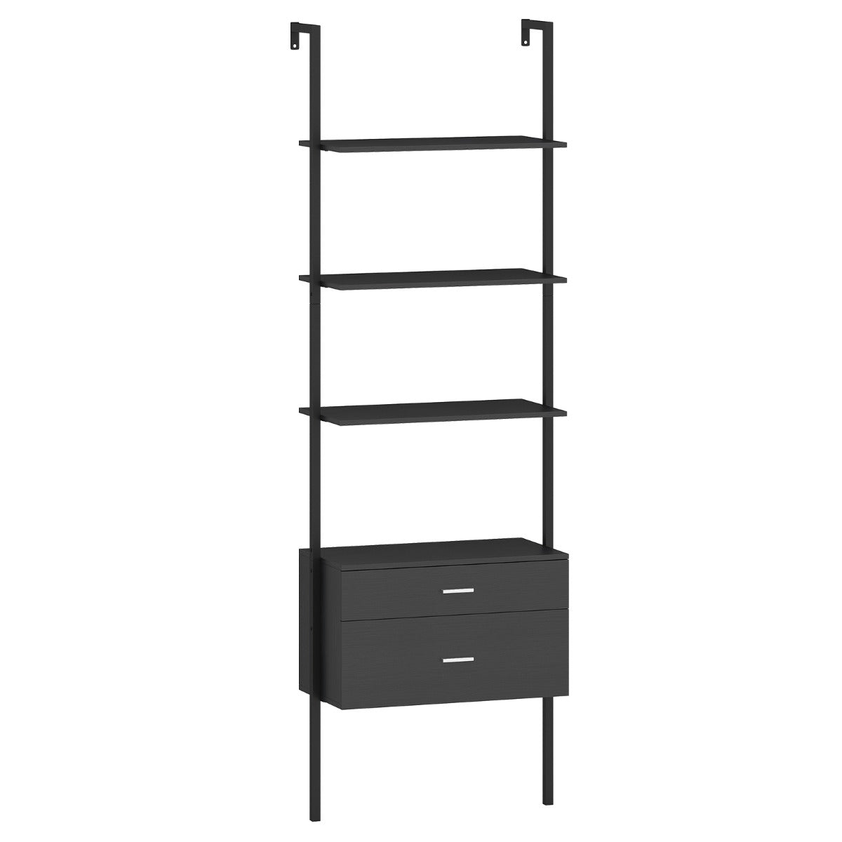 LIVSK Ladderkast met Lades - 4 Open Planken - Dubbel Kantelbeveiliging - Robuust Metaal - 60 x 30 x 184 cm - Zwart