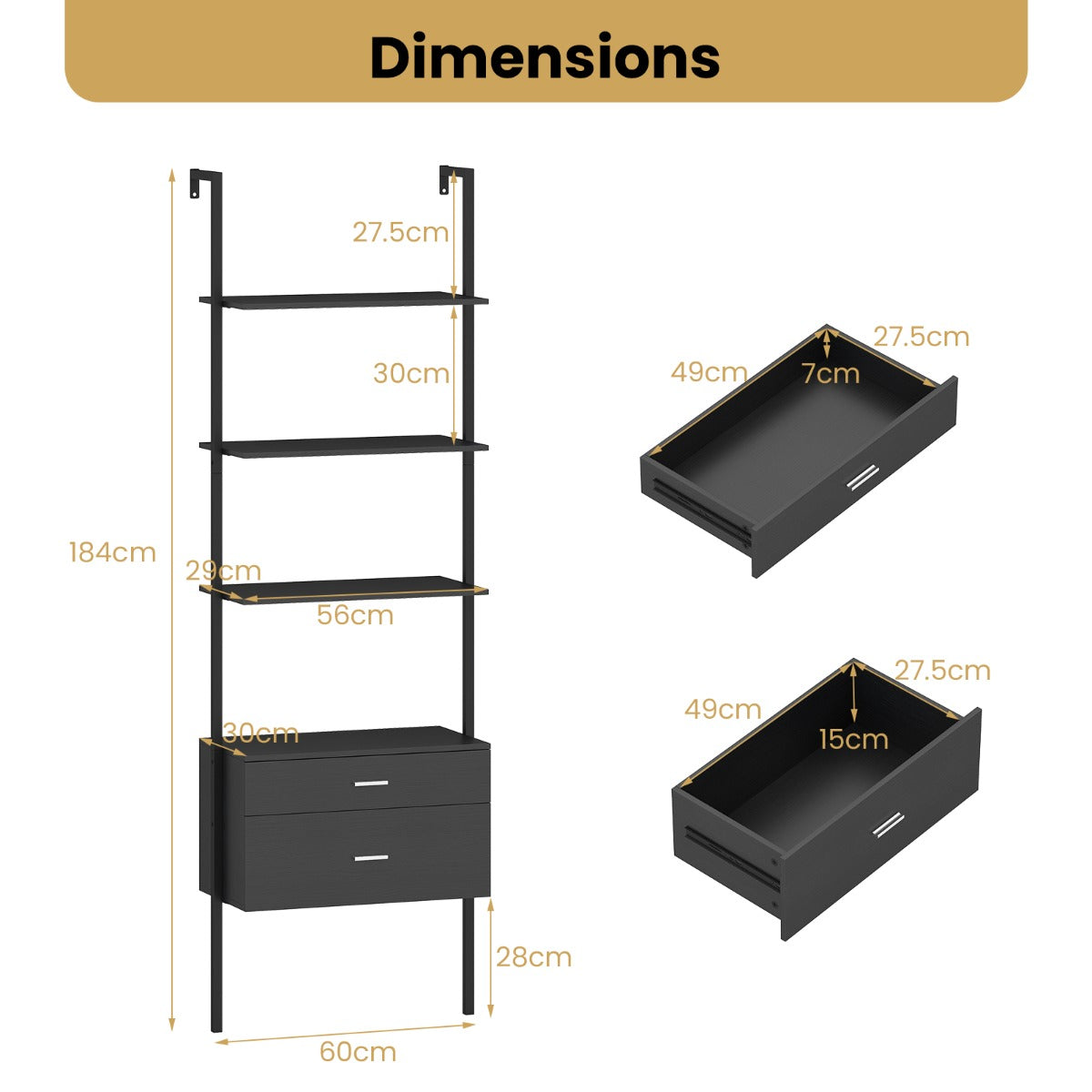 LIVSK Ladderkast met Lades - 4 Open Planken - Dubbel Kantelbeveiliging - Robuust Metaal - 60 x 30 x 184 cm - Zwart