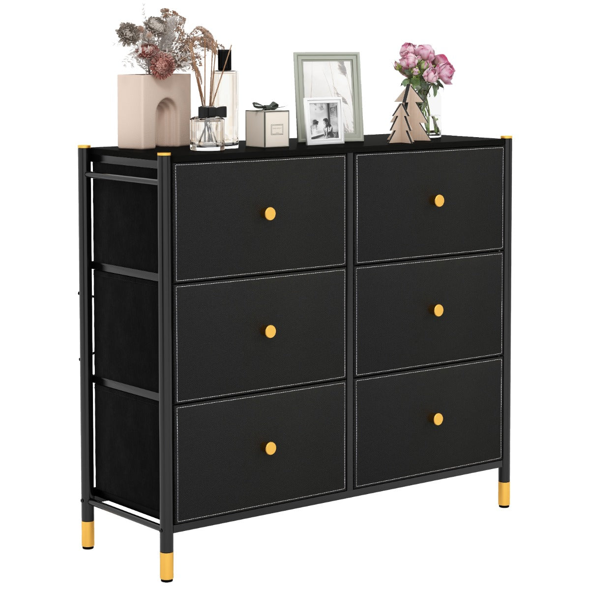 LIVSK Vrijstaande Ladekast - 6 Stoffen Laden - Stevig Metalen Frame - Anti-Kantelbeveiliging - 89 x 30 x 76,5 cm - Zwart