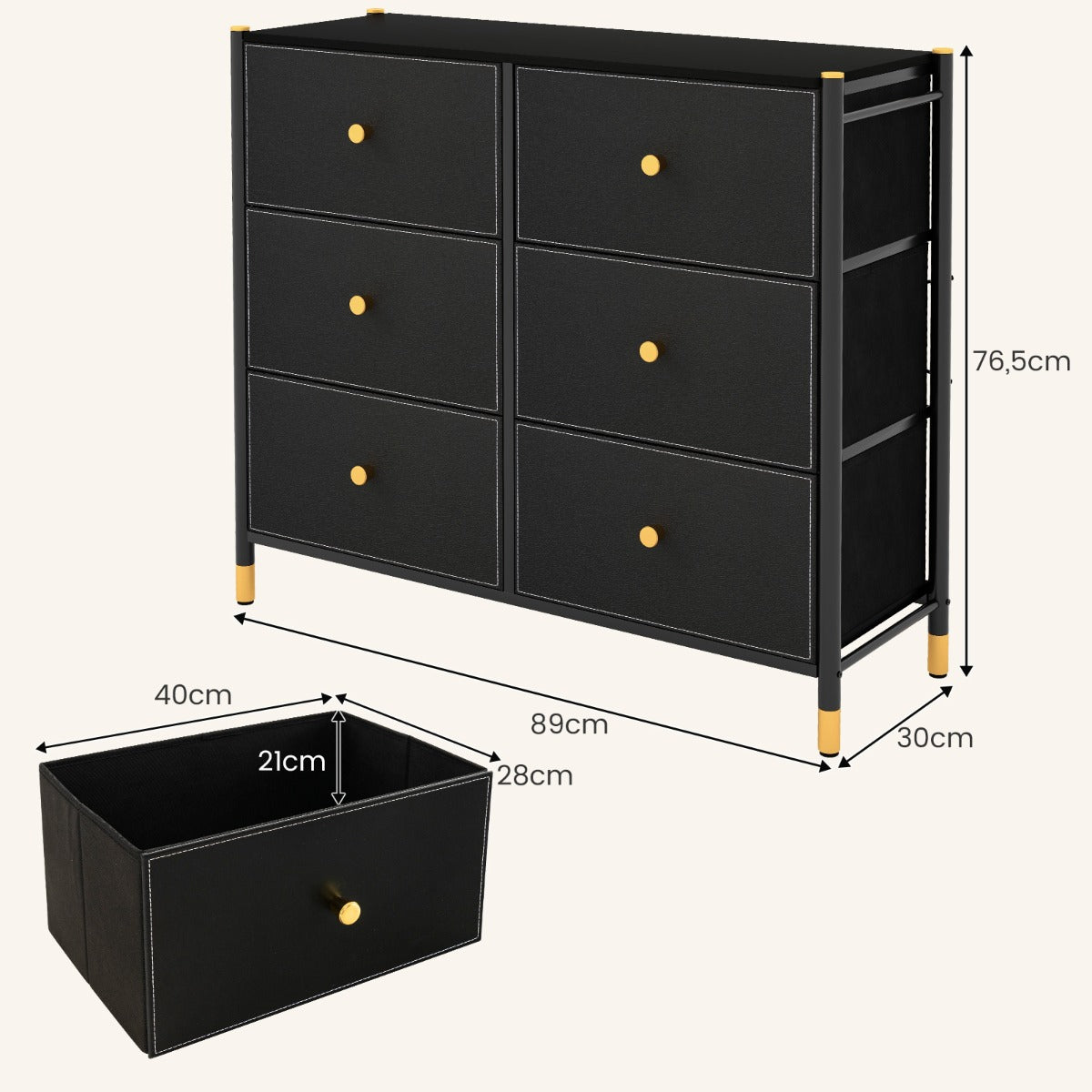 LIVSK Vrijstaande Ladekast - 6 Stoffen Laden - Stevig Metalen Frame - Anti-Kantelbeveiliging - 89 x 30 x 76,5 cm - Zwart