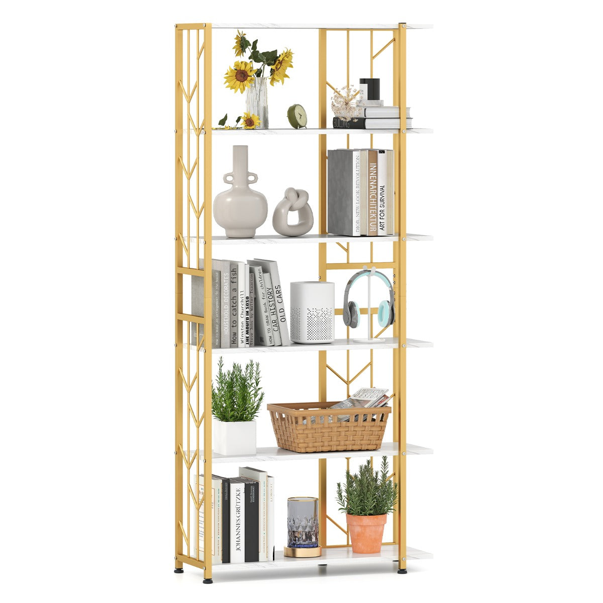 LIVSK Boekenkast met 6 Planken - Geometrisch Ontwerp - Verstelbare Poten - Stabiel en Veilig - 80 x 31 x 180 cm - Goud + Wit