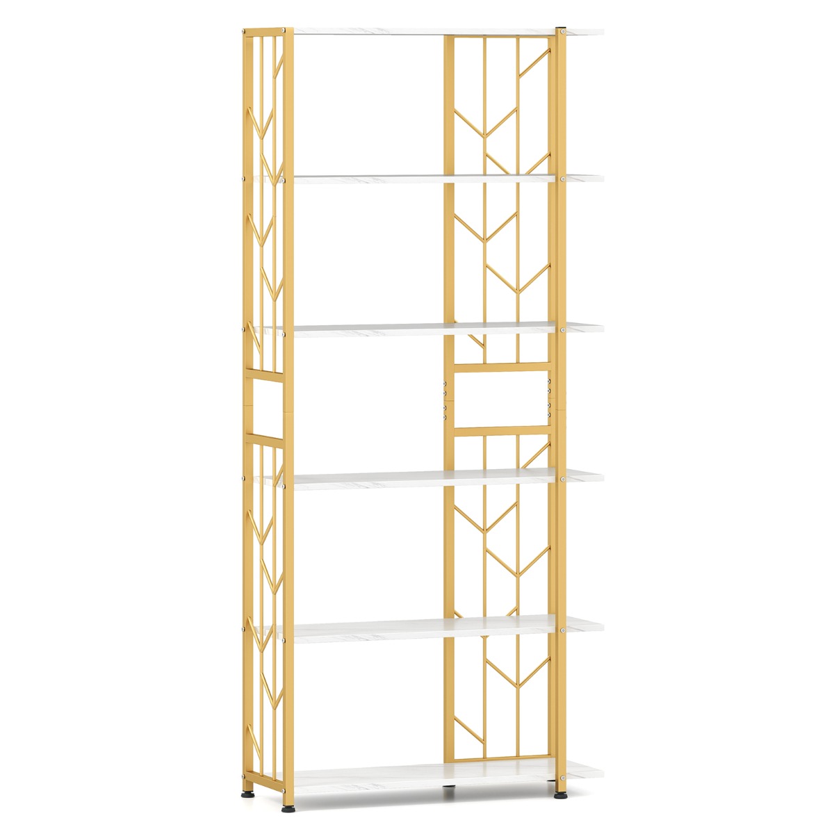 LIVSK Boekenkast met 6 Planken - Geometrisch Ontwerp - Verstelbare Poten - Stabiel en Veilig - 80 x 31 x 180 cm - Goud + Wit