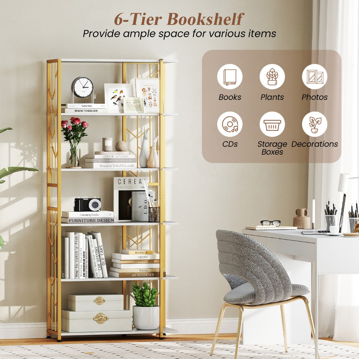 LIVSK Boekenkast met 6 Planken - Geometrisch Ontwerp - Verstelbare Poten - Stabiel en Veilig - 80 x 31 x 180 cm - Goud + Wit