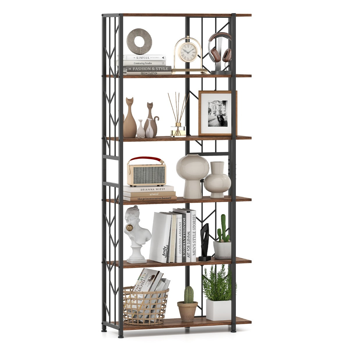 LIVSK Moderne Boekenkast - 6 Planken - Geometrisch Ontwerp - Stabiele Kantelbeveiliging - 80 x 31 x 180 cm - Goud + Wit