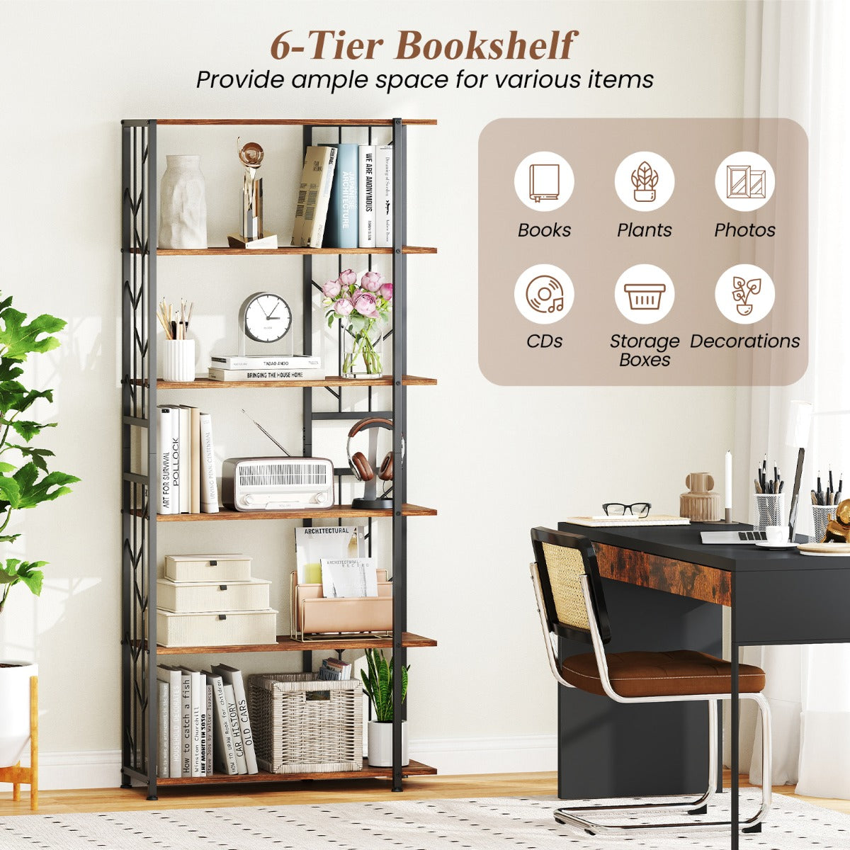 LIVSK Moderne Boekenkast - 6 Planken - Geometrisch Ontwerp - Stabiele Kantelbeveiliging - 80 x 31 x 180 cm - Goud + Wit