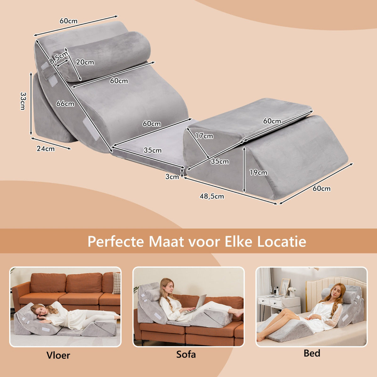 Livsk costway 6 stuks bed wigkussen traagschuim vulkussen set met comfortabel en verstelbaar rug steunkussen 2