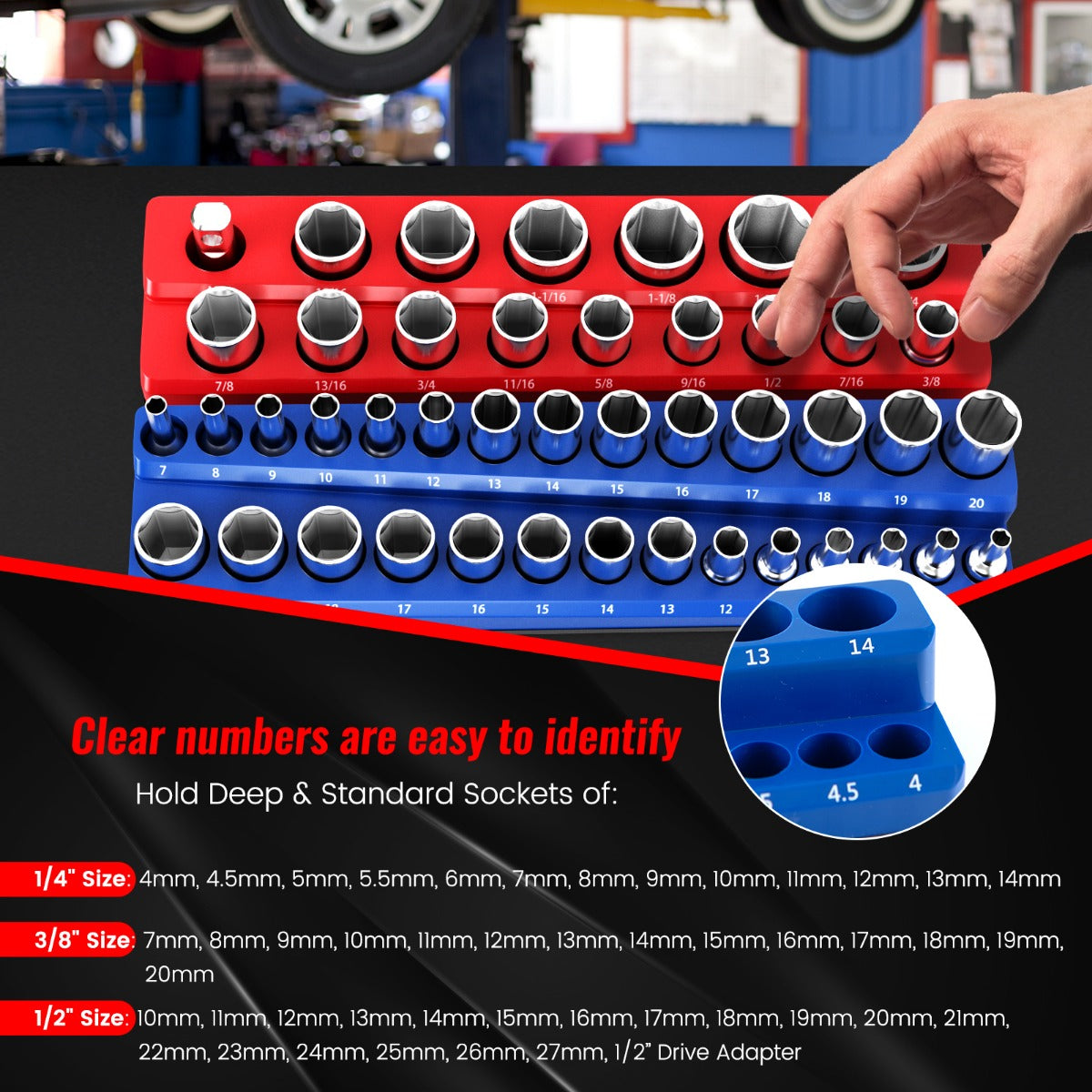 LIVSK Magnetische Dopsleutelhouder Set - 3 Metrische en 3 Inch Houders - Sterke Magneetbasis - Rubberen Bescherming - Blauw en