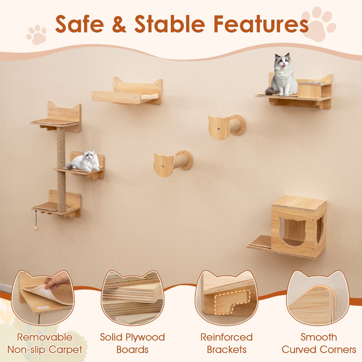 LIVSK Kattenwandmeubelset - Ruimtebesparend met 6 Planken - 3-Laagse Kattentoren - Krabpalen - Hangmat - Natuurlijk