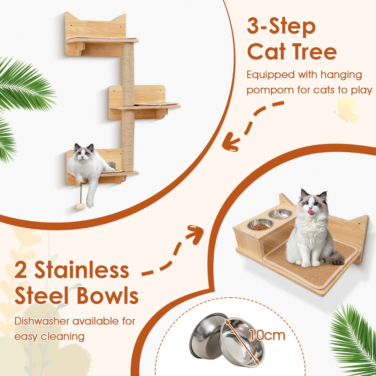 LIVSK Kattenwandmeubelset - Ruimtebesparend met 6 Planken - 3-Laagse Kattentoren - Krabpalen - Hangmat - Natuurlijk