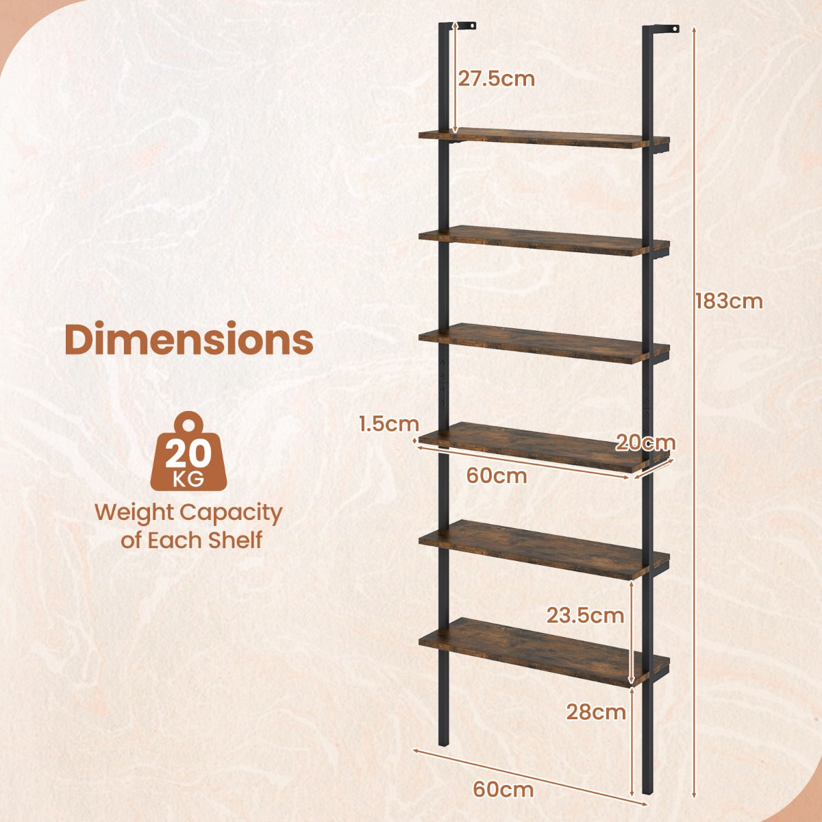 LIVSK 6-Laags Ladderplank - Industrieel Design - Robuust Metalen Frame - Ruimtebesparend - Tot 20 kg per Laag - Rustiek bruin