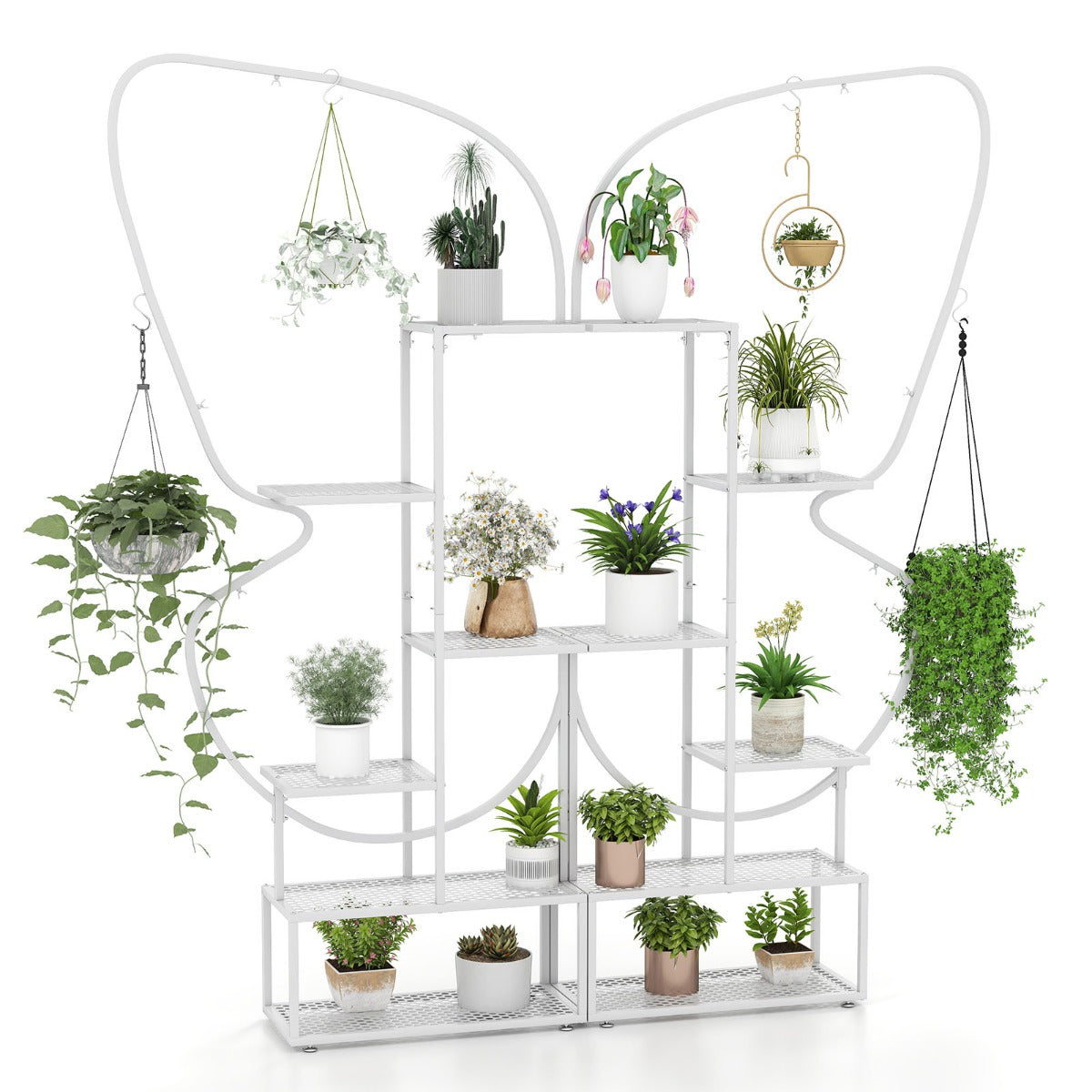 LIVSK 6-laags Metalen Plantenrekset - 2 Standaards - Vlinder-vormig - 12 Rekken en 4 Haken - 56 x 26 x 185 cm - Wit