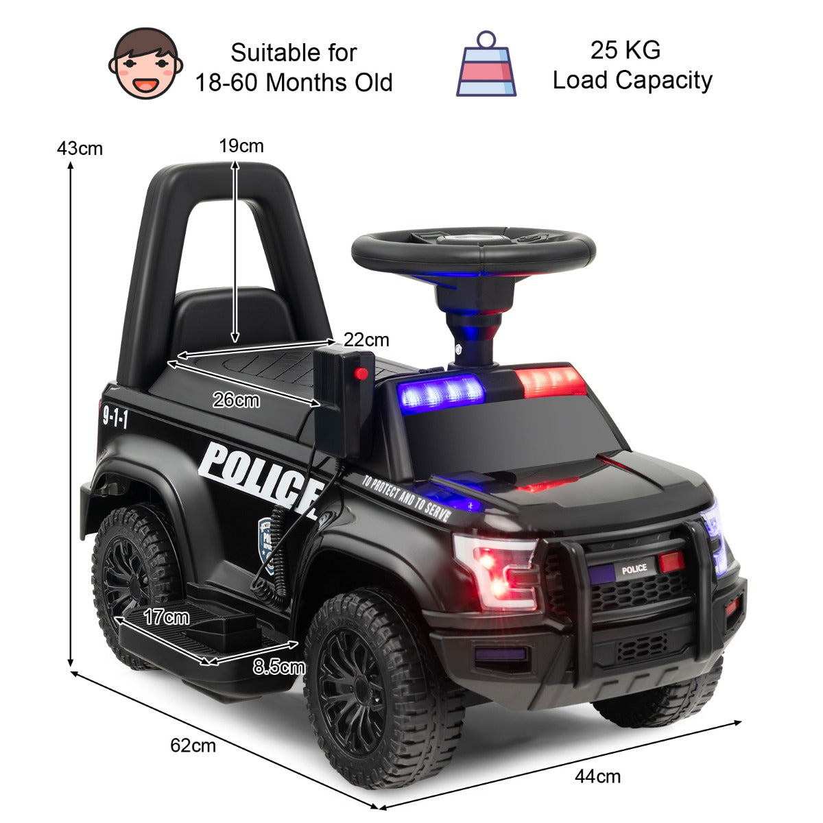 LIVSK Elektrische Politiespeelgoedauto - Waarschuwingslichten - Megafoon - Multimediaspeler - 62 x 44 x 43 cm - Zwart