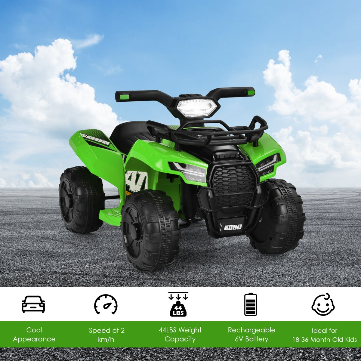LIVSK Kinderquadbike - LED Koplamp - Muziek en Claxon - MP3/USB Aansluiting - Voor Peuters 18-36 maanden - Rood/Groen