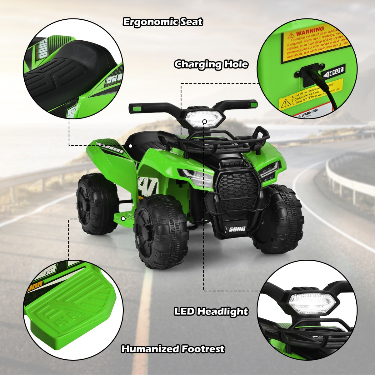 LIVSK Kinderquadbike - LED Koplamp - Muziek en Claxon - MP3/USB Aansluiting - Voor Peuters 18-36 maanden - Rood/Groen