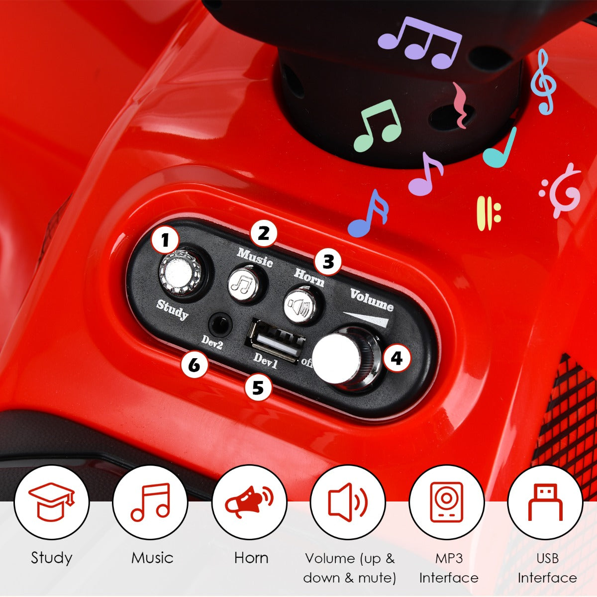 LIVSK Kinderquadbike - LED Koplamp - Muziek - 4 Antislipwielen - Tot 20 kg - 44 x 66 x 42 cm - Rood