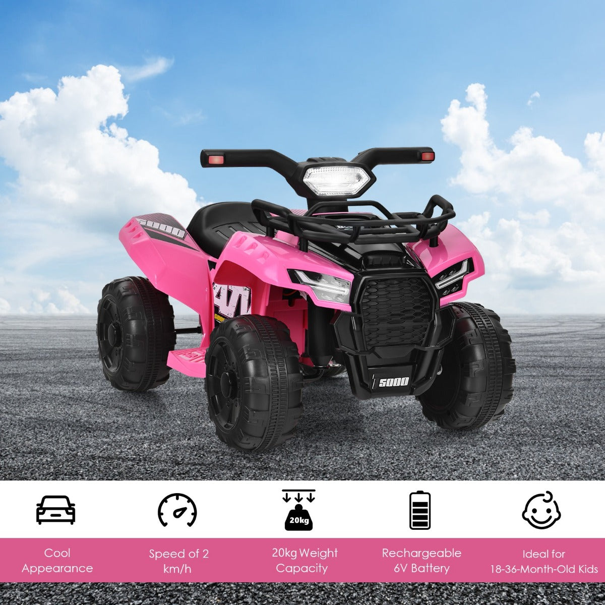 Livsk costway 6 v elektrische kinderquad mini elektrische quad met muziek claxon en led koplamp kinderquad 2 km h voor peuters vanaf 18 maanden roze 3