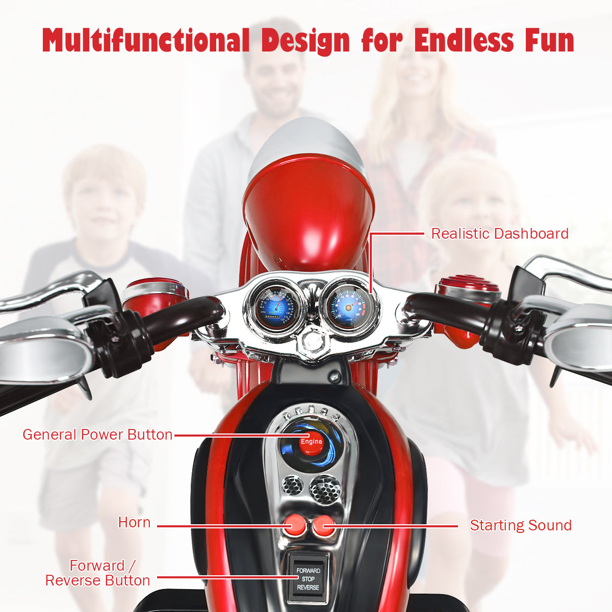 LIVSK Chopper Stijl Motorfiets voor Kinderen - 3-Wielstructuur - Vooruit/Achteruit - Heldere Koplamp & Muziek - 91 x 48 x 64 cm -